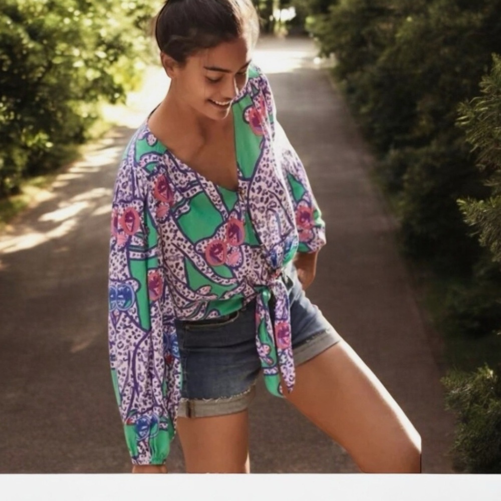 Anthropologie Kendra Dandy Dreamer tie front shirt bright maximalism small 4 - Picture 2 of 7